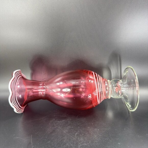 Art Glass Vase Cranberry With White Lines Footed Clear Bottom Glass Ruffled Top - Picture 8 of 12